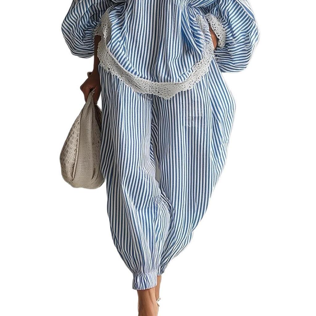 2026 Women's Blue & White Striped Lace Trim Two-Piece Set: Casual Long-Sleeved Top & Wide-Leg Pants