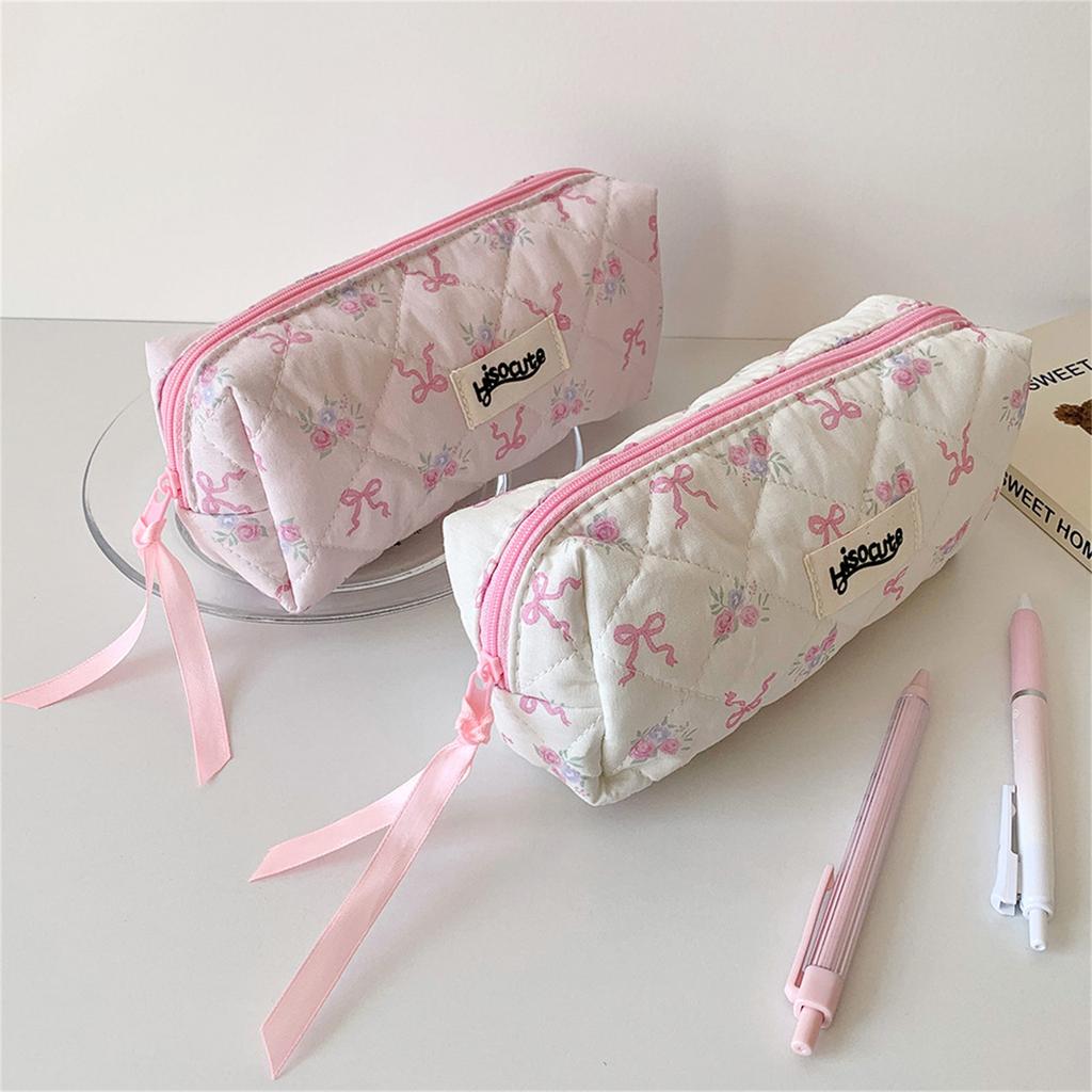 Korean Styles Pencil Case Simple Pencil Bag Sweet Bows Pen Case Makeup Bag Pen Pouch Aesthetic Pen Bag Pencil Organisers