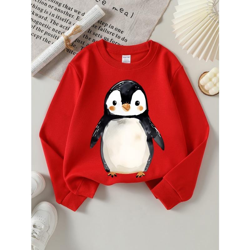 Europeiska storlekar Flicksweatshirt med mjuk rund halsringning, Sött akvarellpingvinmotiv, Avslappnat för höst och vinter, Idealisk julklapp.