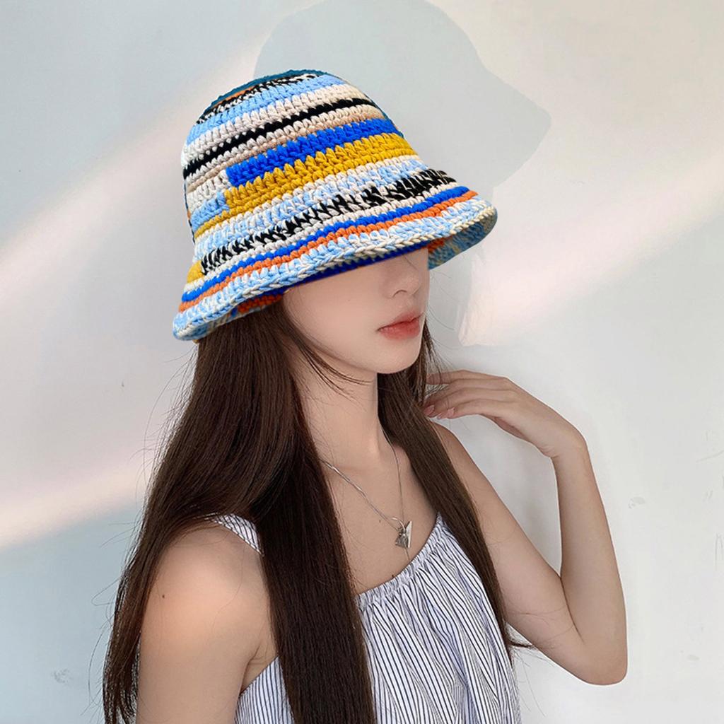 Crochet Stripe Pattern Bucket Hat Lightweight Fisherman Hat for Girls Skiing