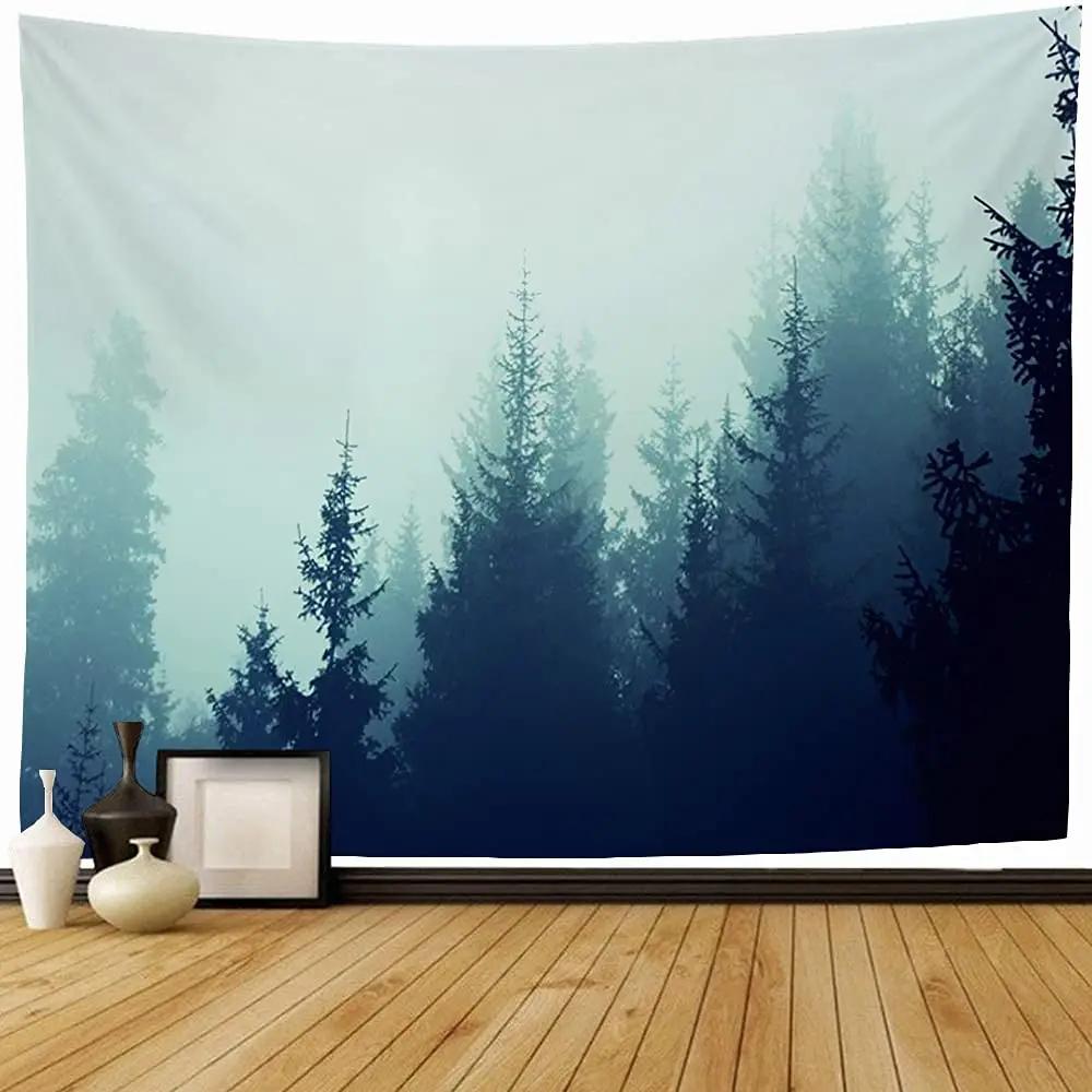 VIKAMA Misty Forest Tapestry Gradient Blue Pine Forest Nordic Minimalist Style Living Room Room Decoration