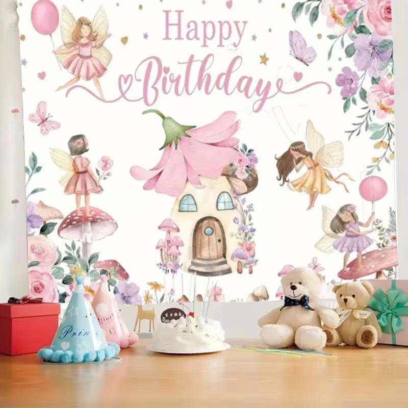2D Magical Fairy Birthday Tapestry, Floral Mushroom Wall Decor for First Birthday Party