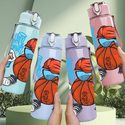 1PC Hip Hop Basketball Mascot Cartoon 750ml Color Plastic Sports Water Bottle Leakproof Flip Straw Lid Suitable for Sports Office Home Use