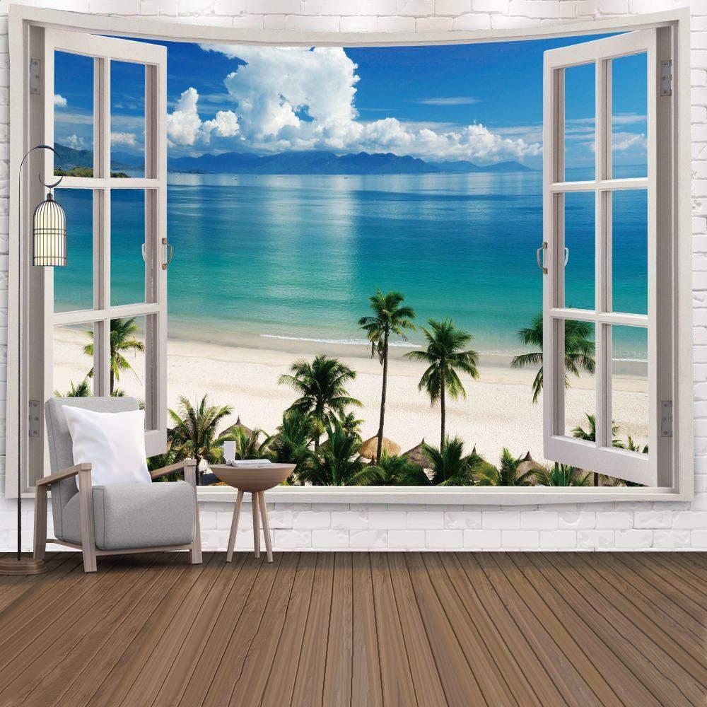 Wanddecoratie Woonkamer Slaapkamer Raam Natuurlandschap Strand Groot Bedekkende Decoratie Wandtapijt Achtergronddoek Nachtkastje