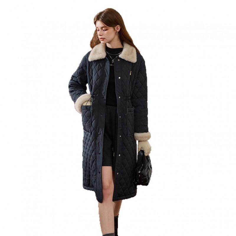 Womens Winter Long Cotton Coat With Lapel Collar Regular Fit Thick Warm Parka Cold Season