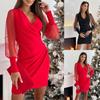 Autumn Winter V-neck Lace Long Sleeved Dress with Wrapped Buttocks Waist for Women Evening Dresses