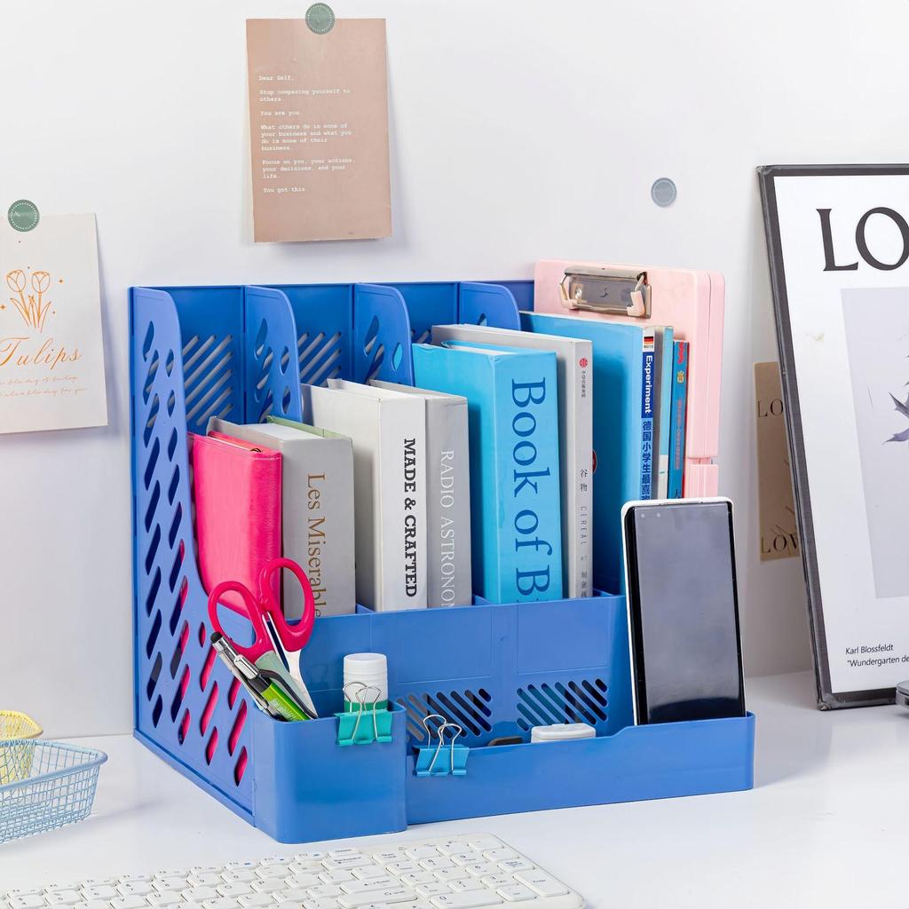 Four-column Office File Frame with Pen Holder Thickened Desktop Organizer Document & Stationery Storage Efficient Work Accessory