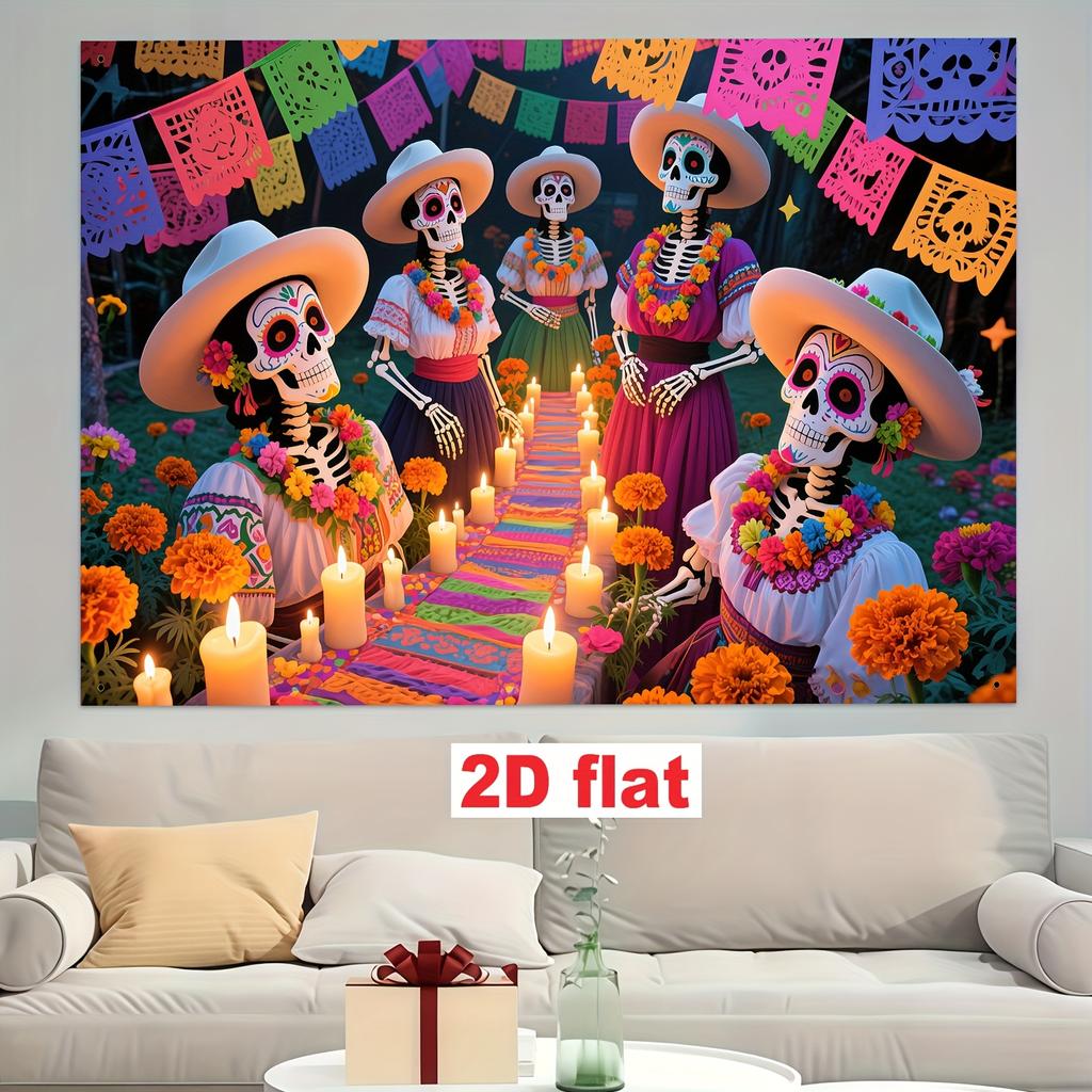 2D flat banner, made of polyester, with a theme background of the Mexican Day of the Dead festivalXY