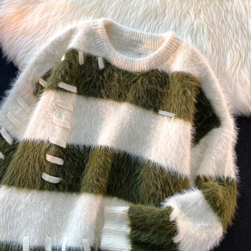 Pullover Stripe Design Sense Round Neck Sweater Women Korean Minority Soft Glutinous Lazy Knitted Top Long Sleeve Sweater Female