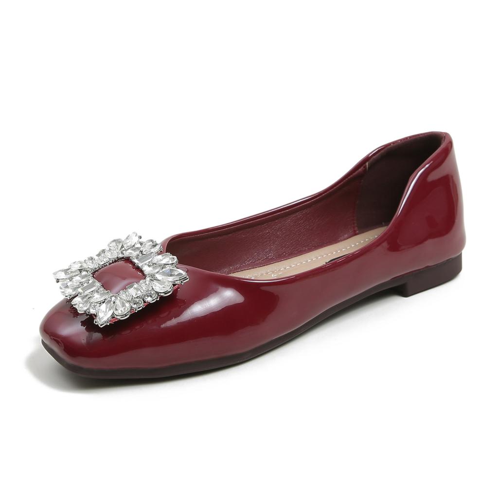 Burgundy single shoes women's summer patent leather square head shallow mouth flat shoes 42 soft sole large size 41-43 super fire bean shoes