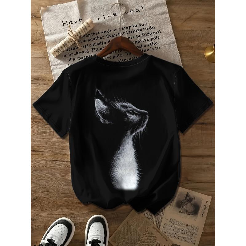 European sizes Women's Short Sleeve T-Shirt with Cute Kitten 3 Print - Summer Casual Round Neck Top