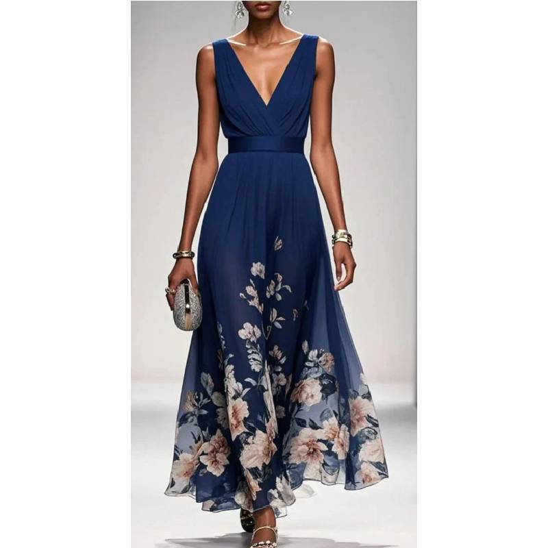 Summer Sexy V Neck Floral Chiffon Dress With Tie Waist For Casual And Party Wear