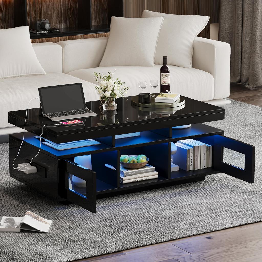 Couchtisch Schwarz, Hochglanz LED Beleuchtung, Kaffeetisch Schrank & Offene Staufächer, Sofatisch Rechteckiger Mitteltisch, 100×50×43cm