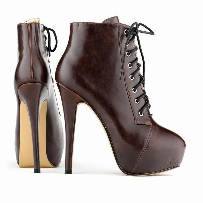 New Women's Boots Winter Fashion Platform Round Toe Side Zipper High Heels Pumps Lace-Up Ankle Flock Women Shoes Large Size 43