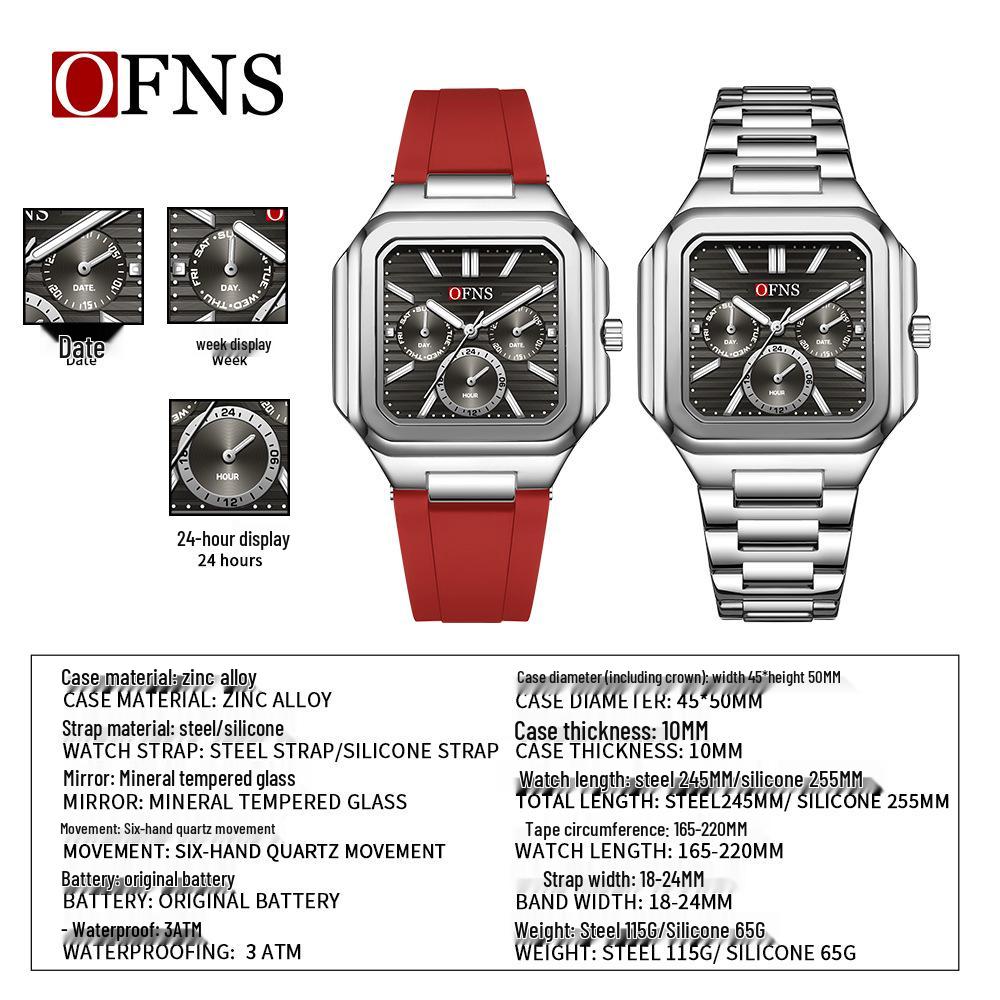 OFNS Six-Hand Men's Square Quartz Watch: Luminous, Day-Date, 30M Waterproof, Silicone Steel Band, Hot Seller
