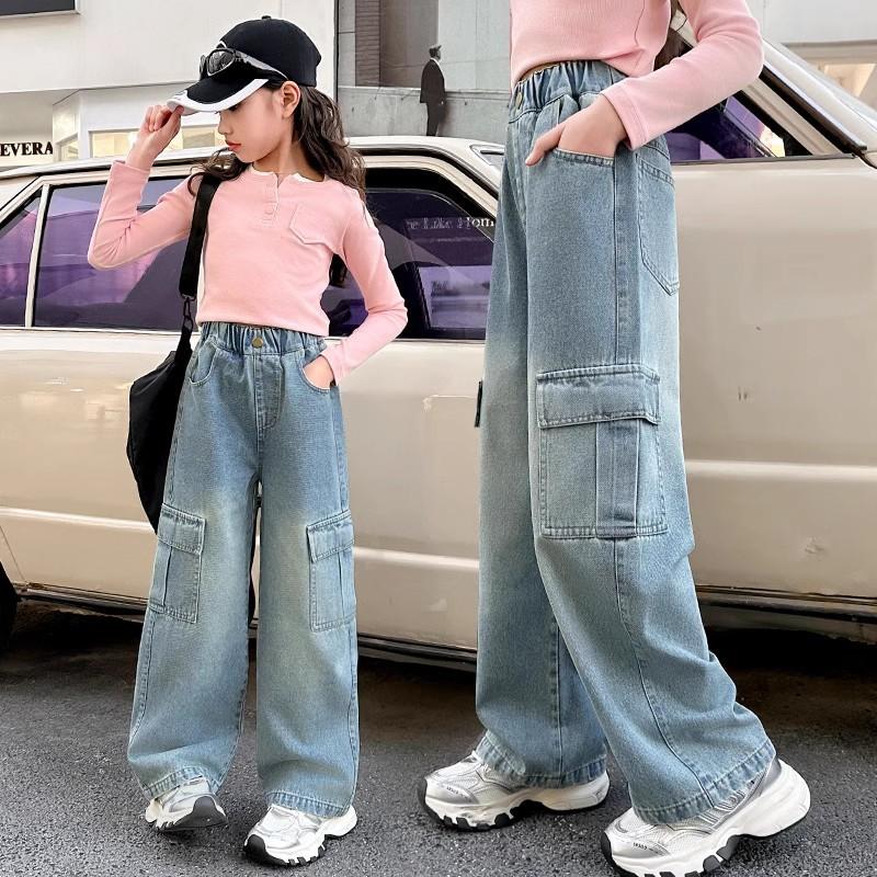 Girls Cargo Demin Pants Kids Casual Wide-legged Jeans Teenagers Fashion Streetwear Baggy Trousers Children Clothes 5-14 Years