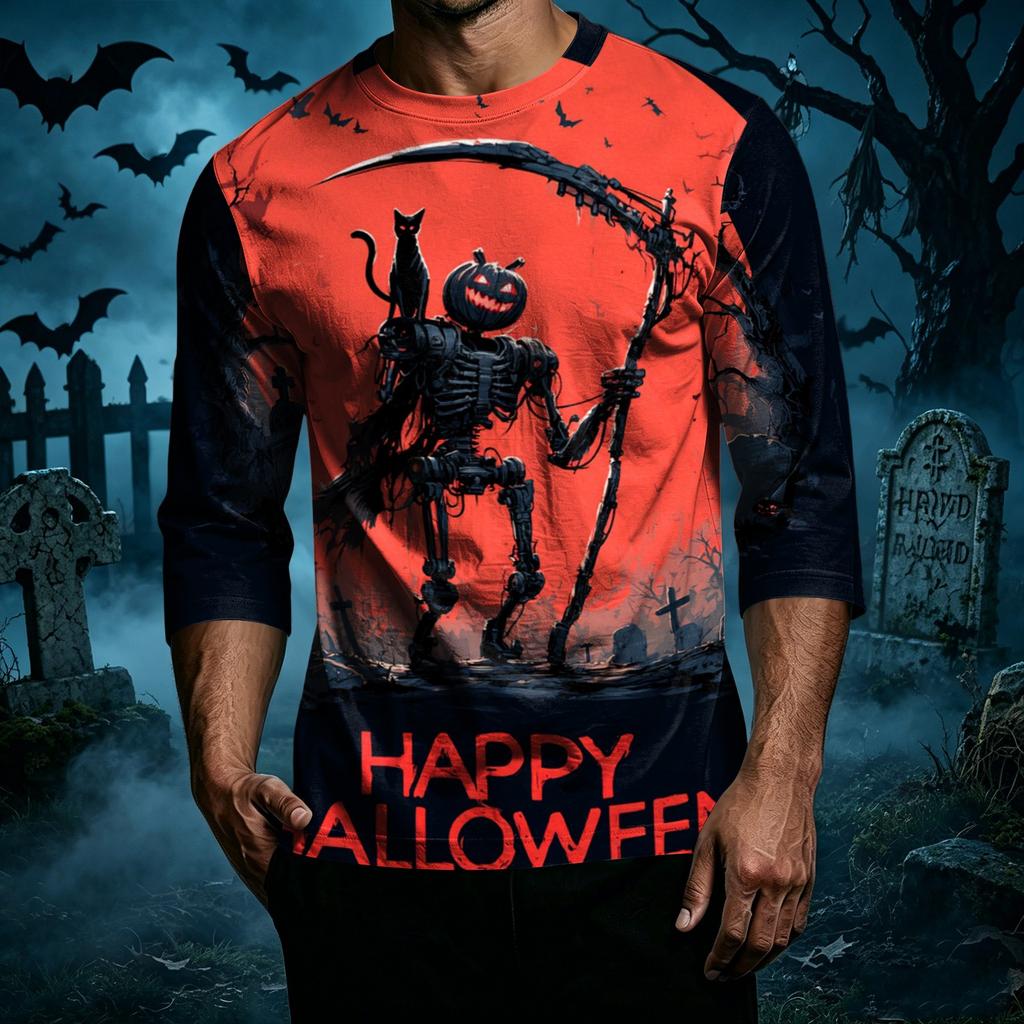 Men’s Casual Halloween Print Crew Neck Three Quarter Sleeve T Shirt Comfortable Fit Soft Fabric Holiday Top