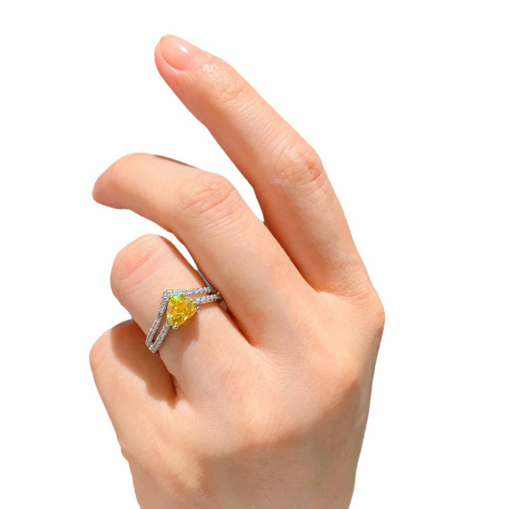 Jewelry Micro-setting Simulation Pink Diamond Yellow Diamond Ring Women's European and American Light Luxury Fashion Simulation Gemstone Ring