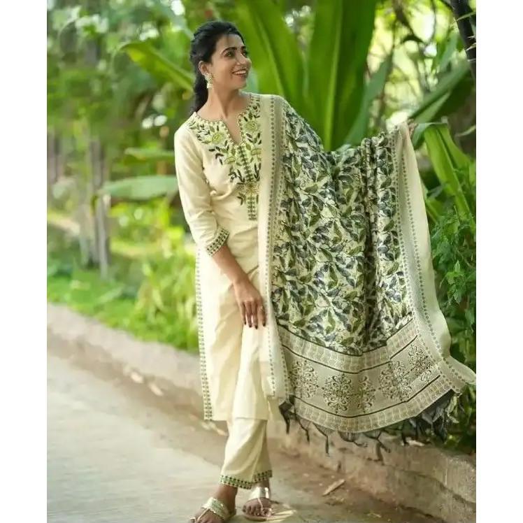 Bawełna Len Kurti Spodnie Dupatta Zestaw Indyjski Bollywood Etniczny Salwar Kameez Sukienka