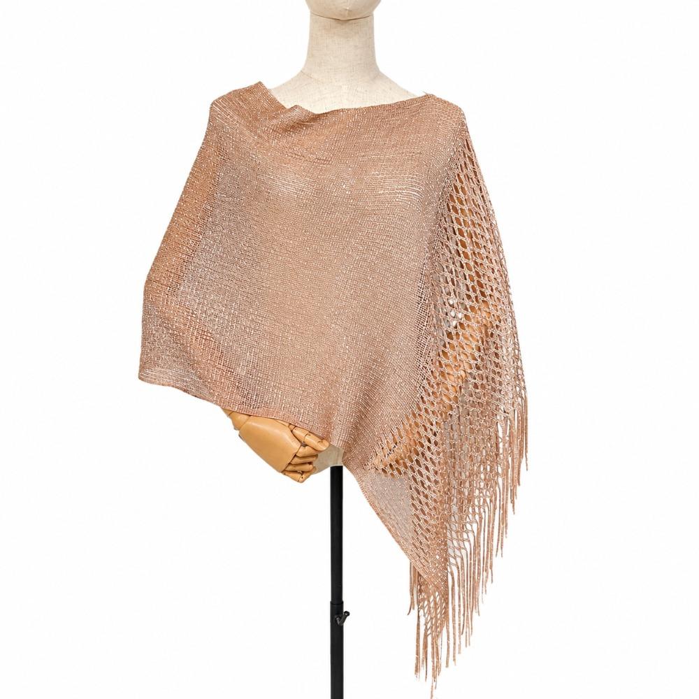 Women Glitter Mesh Tassel Hollow Knit Shawl, Gold Silver Yarn Fashion Wrap for Dinner Party Spring Summer
