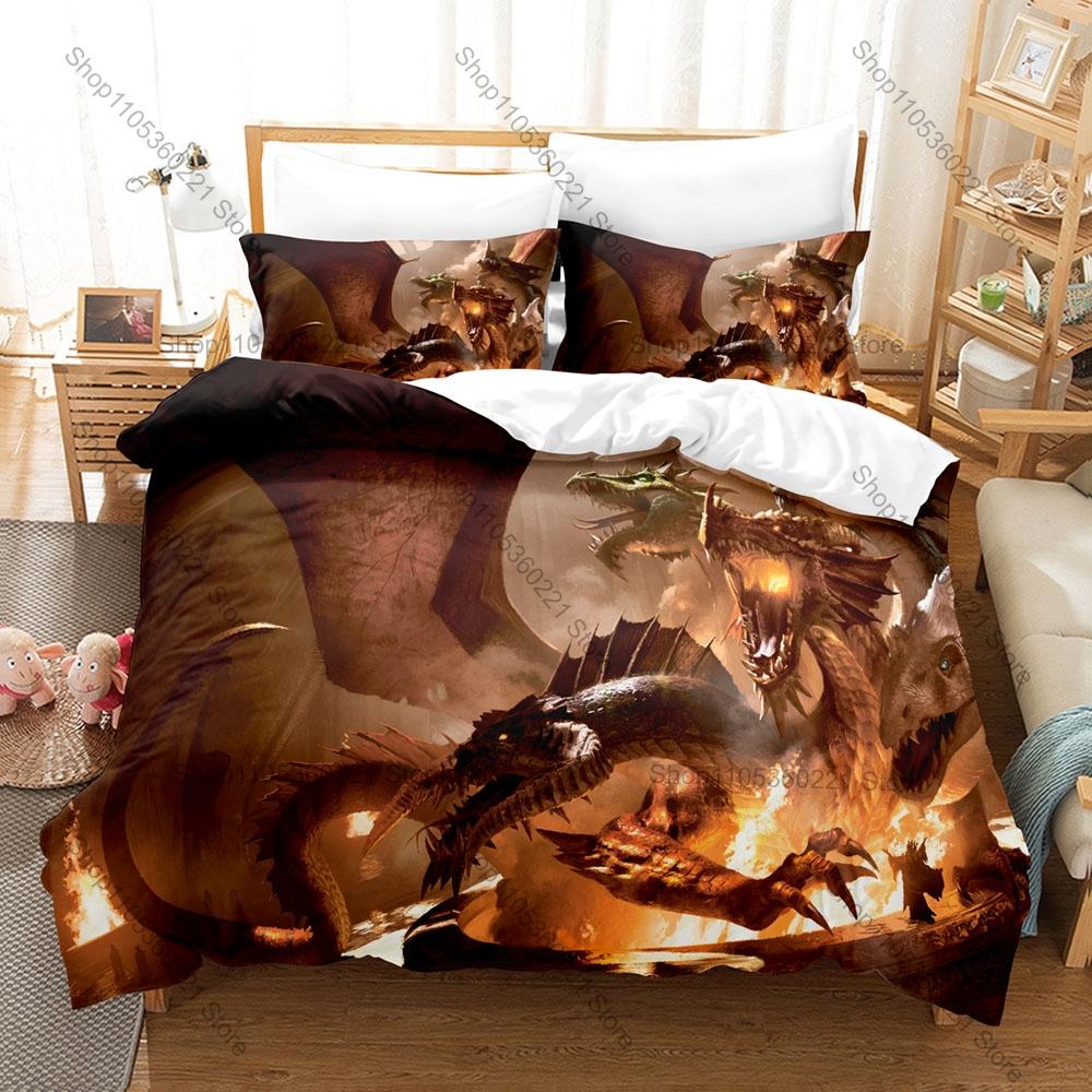 Cool 3PCS The Rise of Tiamat DND Pattern Bedding Set Duvet Cover + 2 Pillowcases Breathable Polyester Tabletop Bedding Gamer Bed