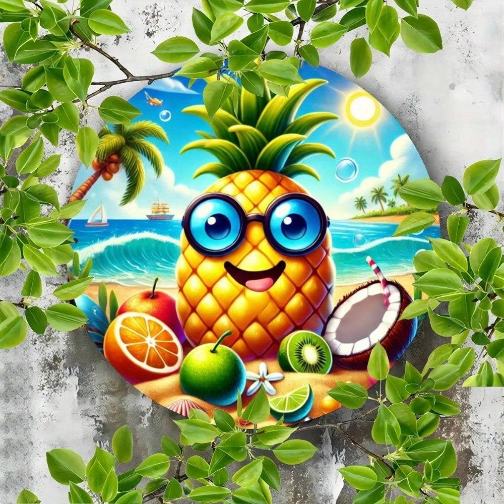 Tropical Pineapple Round Metal Wall Art 7.8 Inch Waterproof Rustproof Home Decor