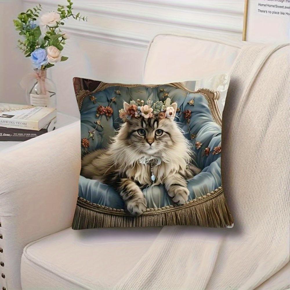 Regal Royal Cat Throw Pillow Cover, Victorian Longhair Cat With Flower Crown On Ornate Chair Decorative Pillow Case