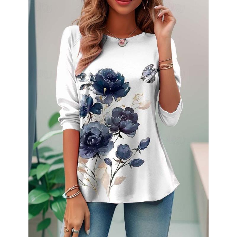 Dames T-shirt 3D Print Schattige Libel Petalen Print Casual Lange Mouw Ronde Hals Normale Top Dagelijkse Print Roze Lente T-shirt