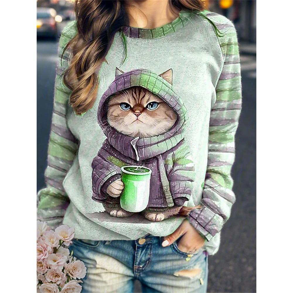 Women's Round Neck Hoodie Animal Cat 3d Printed Shoulder Style Clothing