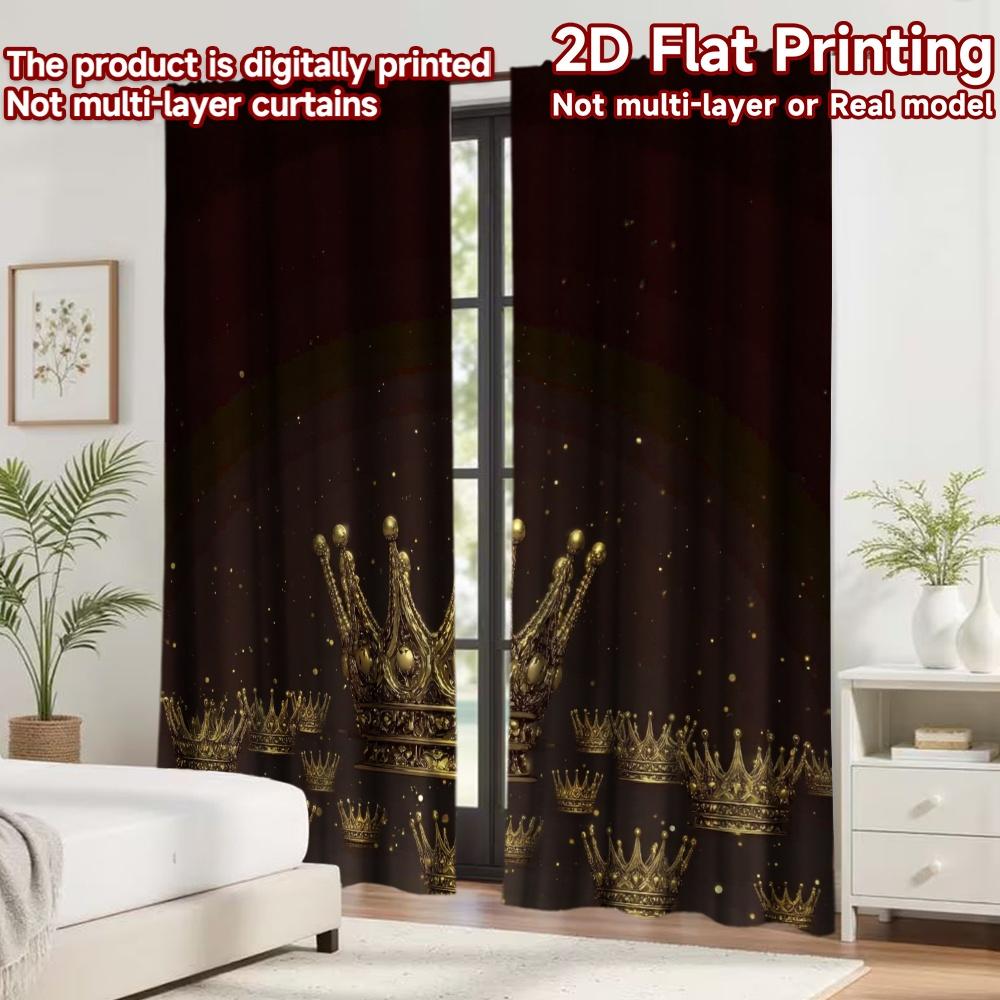 2D Flat Printing 2pcs Curtain Drapes Golden Crown Arrangement Digital Printed Polyester Drapes Party Decorations Perfect for