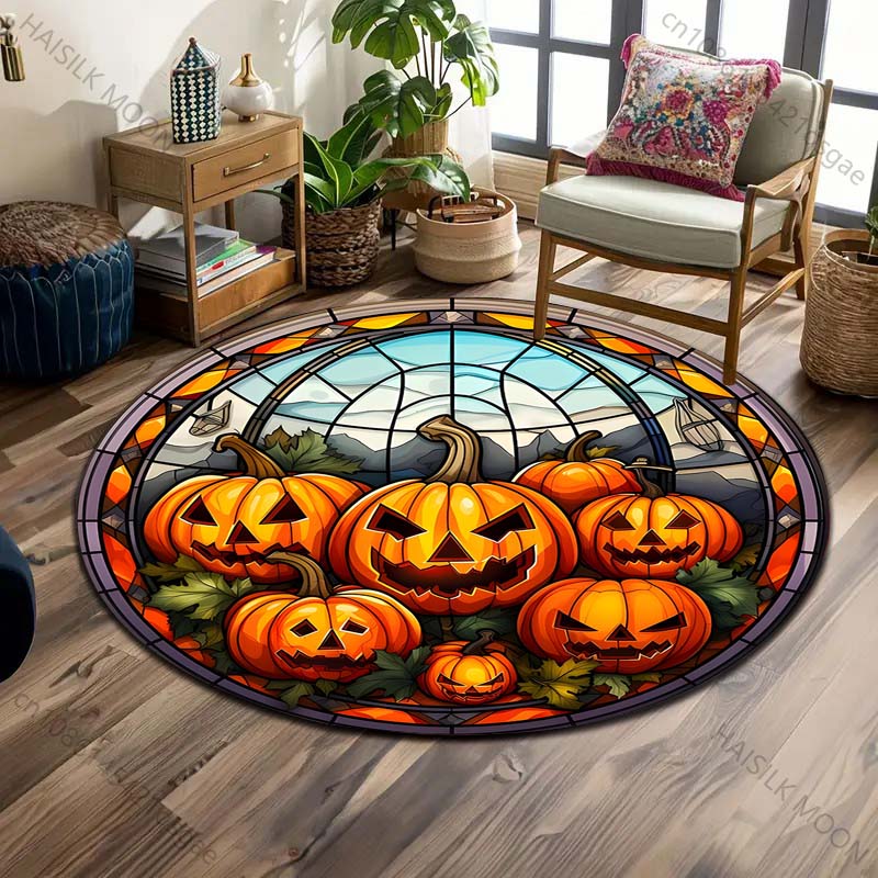 Pumpkin Head Bat Castle Halloween Round Carpet Floor Mat Suitable for Children's Bedroom Decor Living Room Round Rugs for Gifts