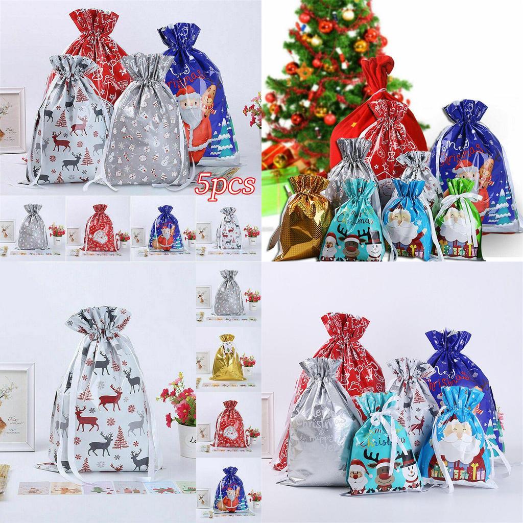 Colorful 5pcs Christmas Sacks Reusable Drawstring Gift Bags With Classic Patterns