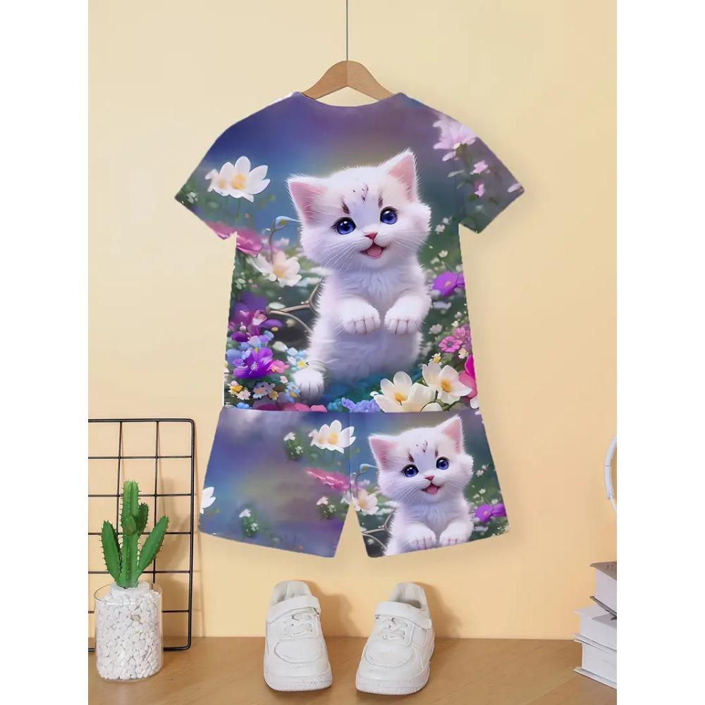 Barns Katt T-shirt Shorts Set Sommar Casual Flickkläder Kortärmade Barnset för Barn Toppar Utomhus Sport Flickoutfits