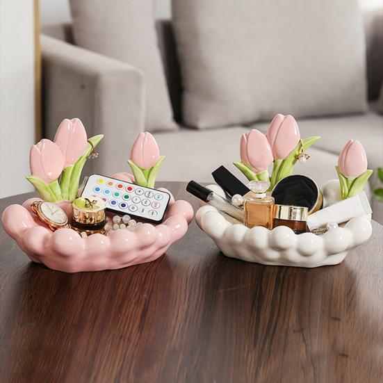 Ceramic Tulip Key Dish Pink Flowers Jewelry Dish Decorative Desktop Organizer for Jewelry Watch Entryway Bedroom Dresser