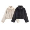 Womens Short Faux Fur Coat With Stand Collar Elegant Casual Winter Outerwear Black Beige