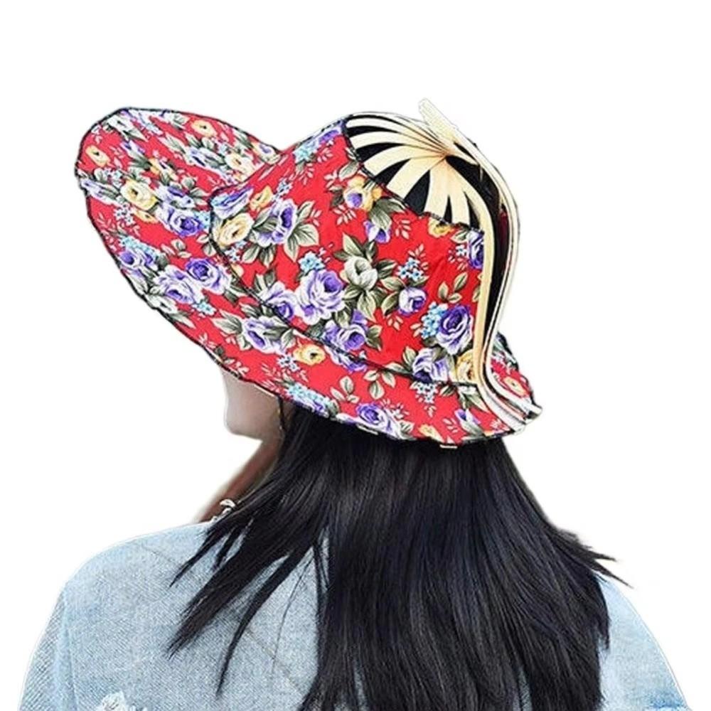 Floral Printed Folding Fan Hat Foldable Bamboo Sunscreen Cap Fan Sun Hats for Travel