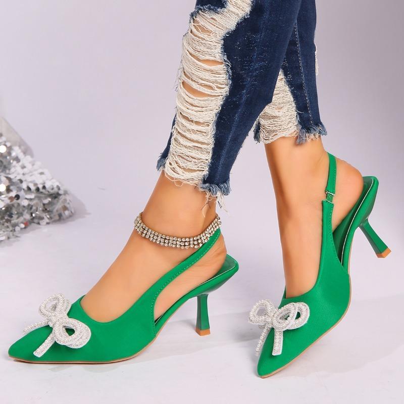 Fashion Women High Heels Luxurious Rhinestone Pearl Bow Designer Sexy Pointed High Heels Elegant Solid Color Slingback Sandals for Women