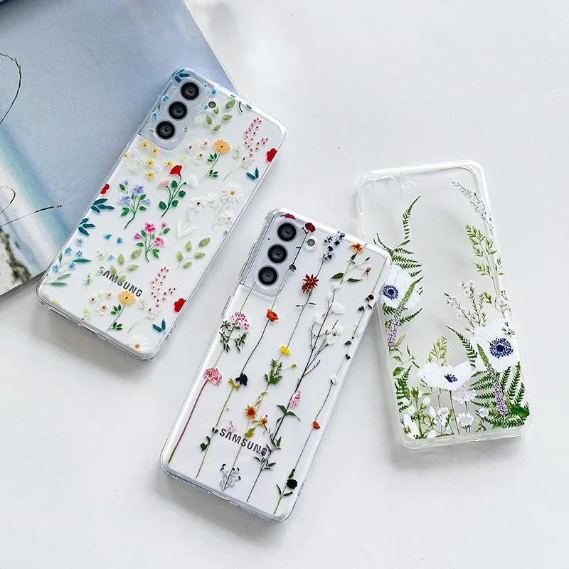 Sött blommönstrat mobilskal för Samsung S25 S24 S22 S21 FE Ultra Genomskinliga silikonskal för Samsung Galaxy S23 Plus Ultra Skal