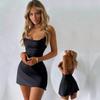 Women Evening Party Spaghetti Strap Solid Color Bandage Backless Sexy Mini Package Hip Dress