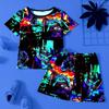 2 Pcs Girl's Glow-in-the-dark Effect Cat Pattern Short T-Shirts & Shorts Pajama Set,