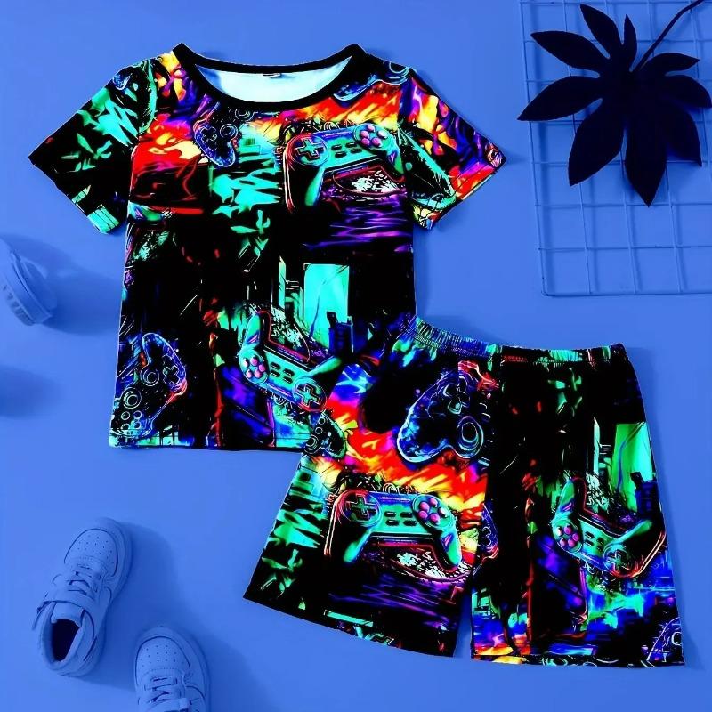 2 Pcs Girl's Glow-in-the-dark Effect Cat Pattern Short T-Shirts & Shorts Pajama Set,
