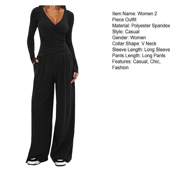Dam 2-delade loungewearset V-ringad långärmad topp och vida byxor Set Vår Höst Casual Outfits