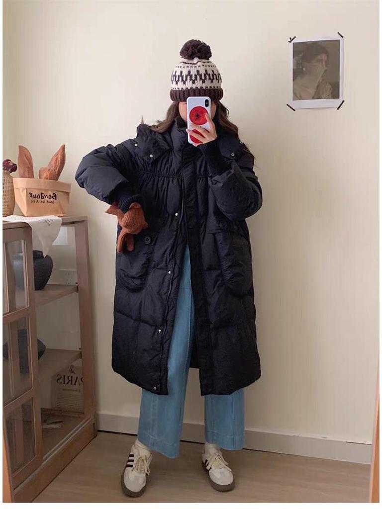 2025 Women's White Mid-Length Hooded Down Jacket - Winter Korean Style, Over-the-Knee, Loose Fit, Thick & Warm Coat