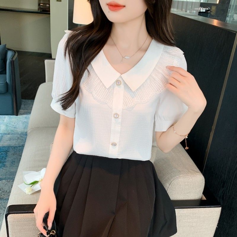 Blouse Tricotée pour Femme Col Claud avec Bordure en Dentelle Manches Courtes Bouffantes