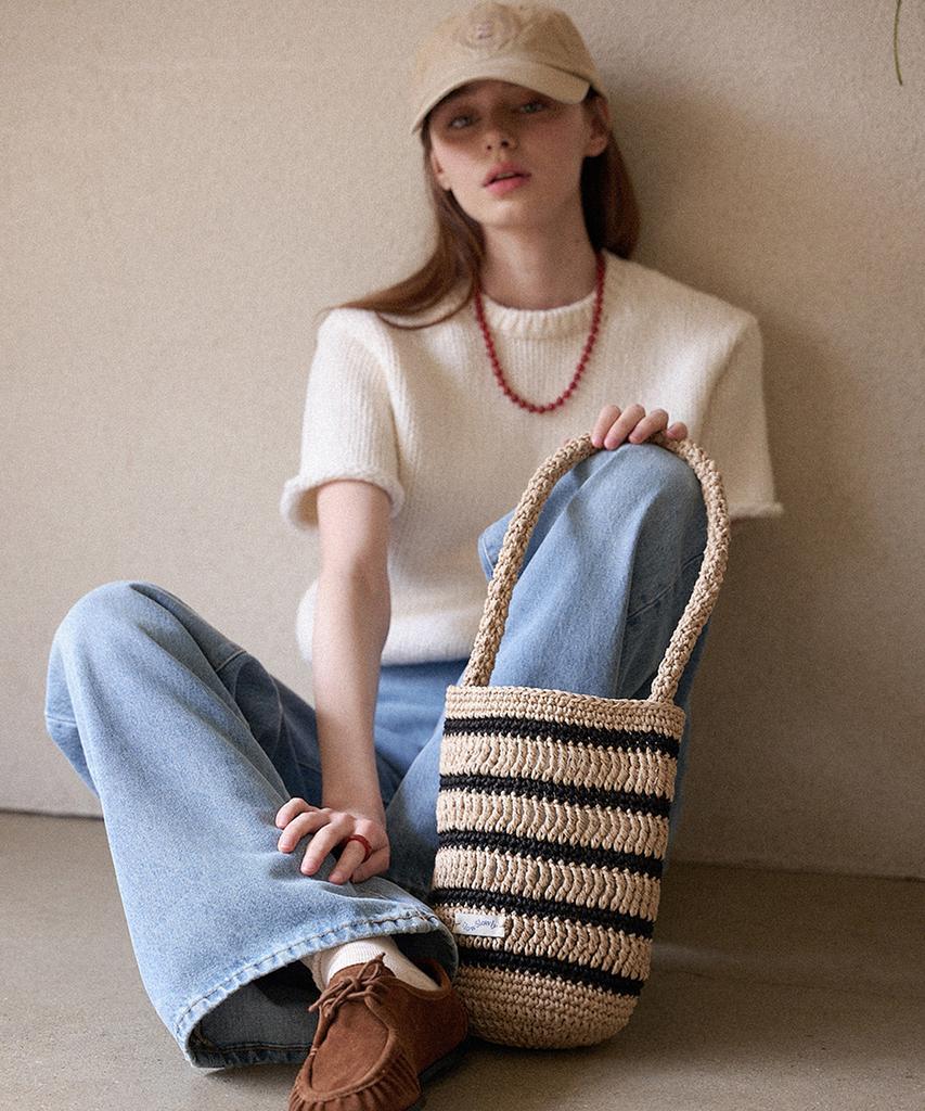 Slowslowly Moroccan Handmade Crochet Stripe Bucket Bag _ Beige