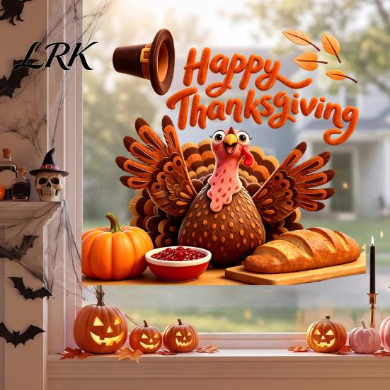 Easy Apply Window Paster Autumn Thanksgiving Turkey Static Sticker, Decorative Removable PVC Decals, Fall Holiday Home Decor Harvest Theme Wall Clings