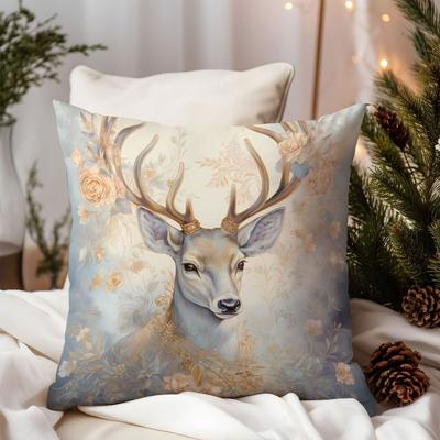 Christmas Elegant Floral Deer Throw Pillow Cover, Festive Golden Accent Printed Cushion Case