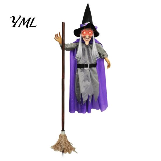 Spooky Haunted House Ornaments 180cm Halloween Props, Flying Witch Decoration with Scary Sounds & Lights, Realistic Evil Figure for Garden Yard Lawn,