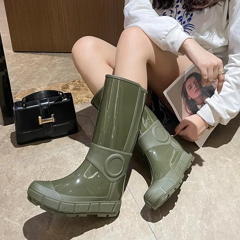 Women Rain Shoes Thickened High Barrel Waterproof Anti Slip Rain Shoes Fashion Work Outgoing Wear Resistant Shoes Trend Platform