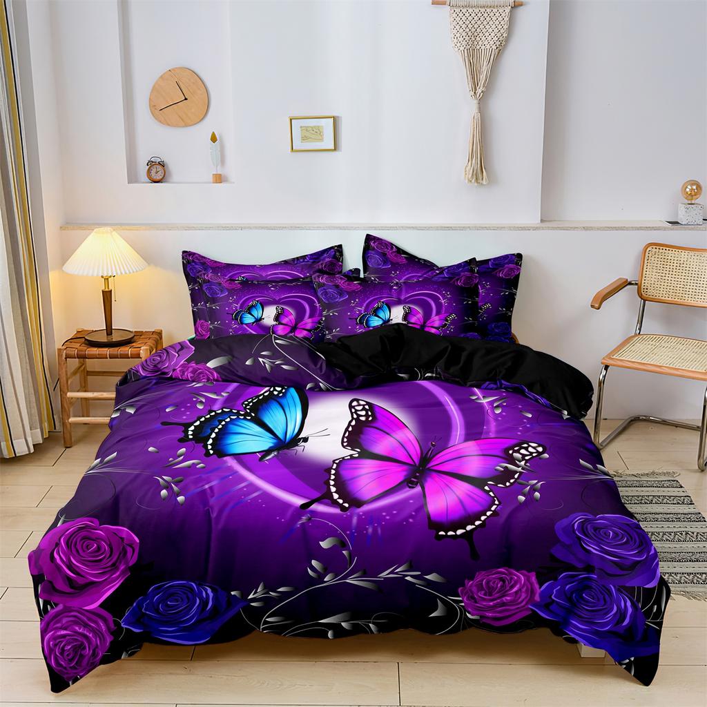 3pcs Fashion Classic Popular Purple Butterfly Flower Digital Print Duvet Cover Bedding Set Soft Comfortable Bedroom Guest Room
